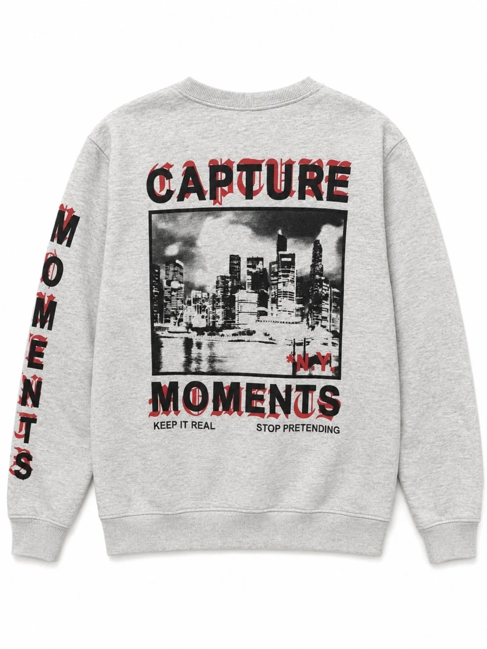 Grey Kids Crewneck Sweatshirt with Red & Black Sleeve Lettering